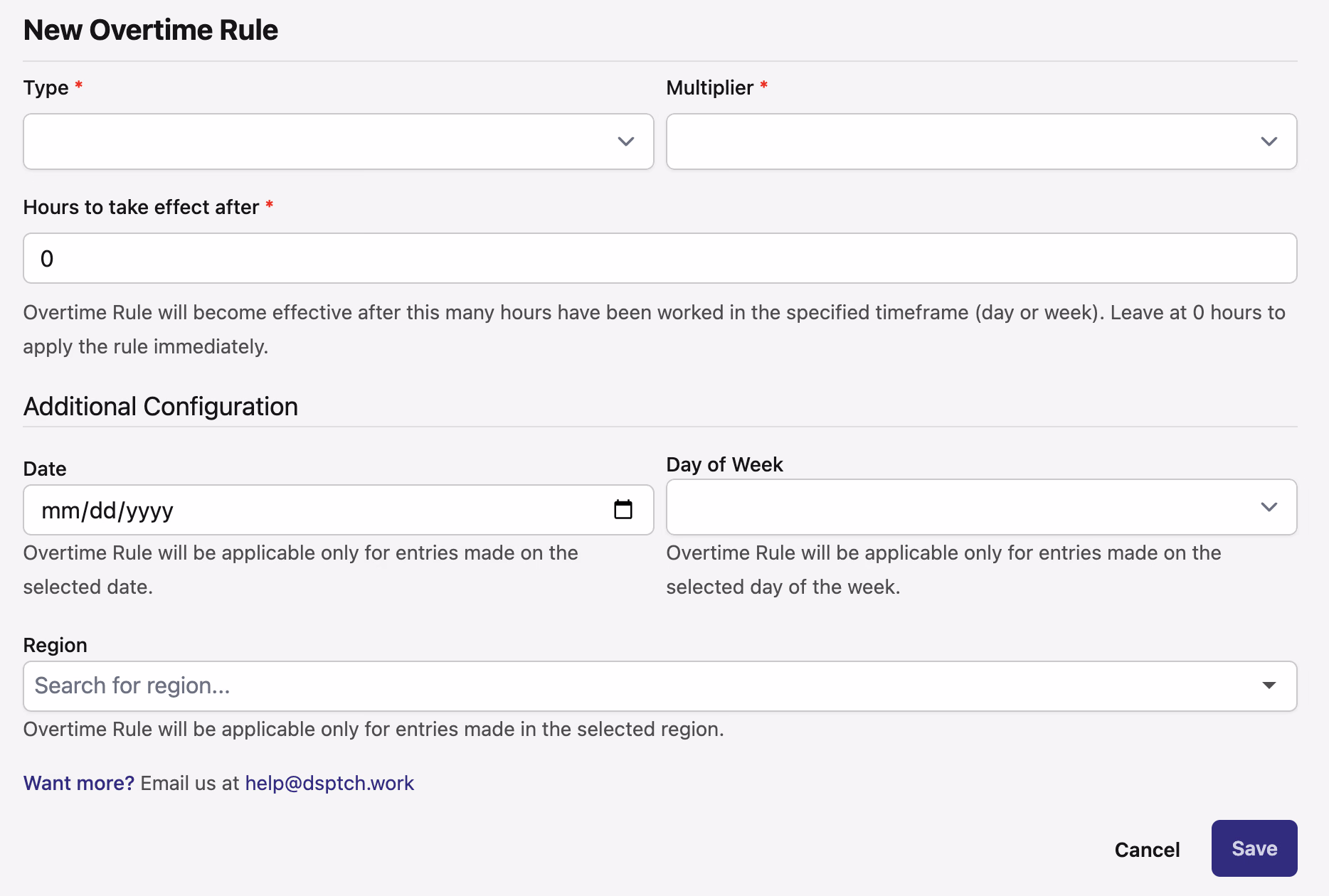 New Overtime Rule form showing Type, Multiplier, Hours to take effect after, and Additional Configuration fields