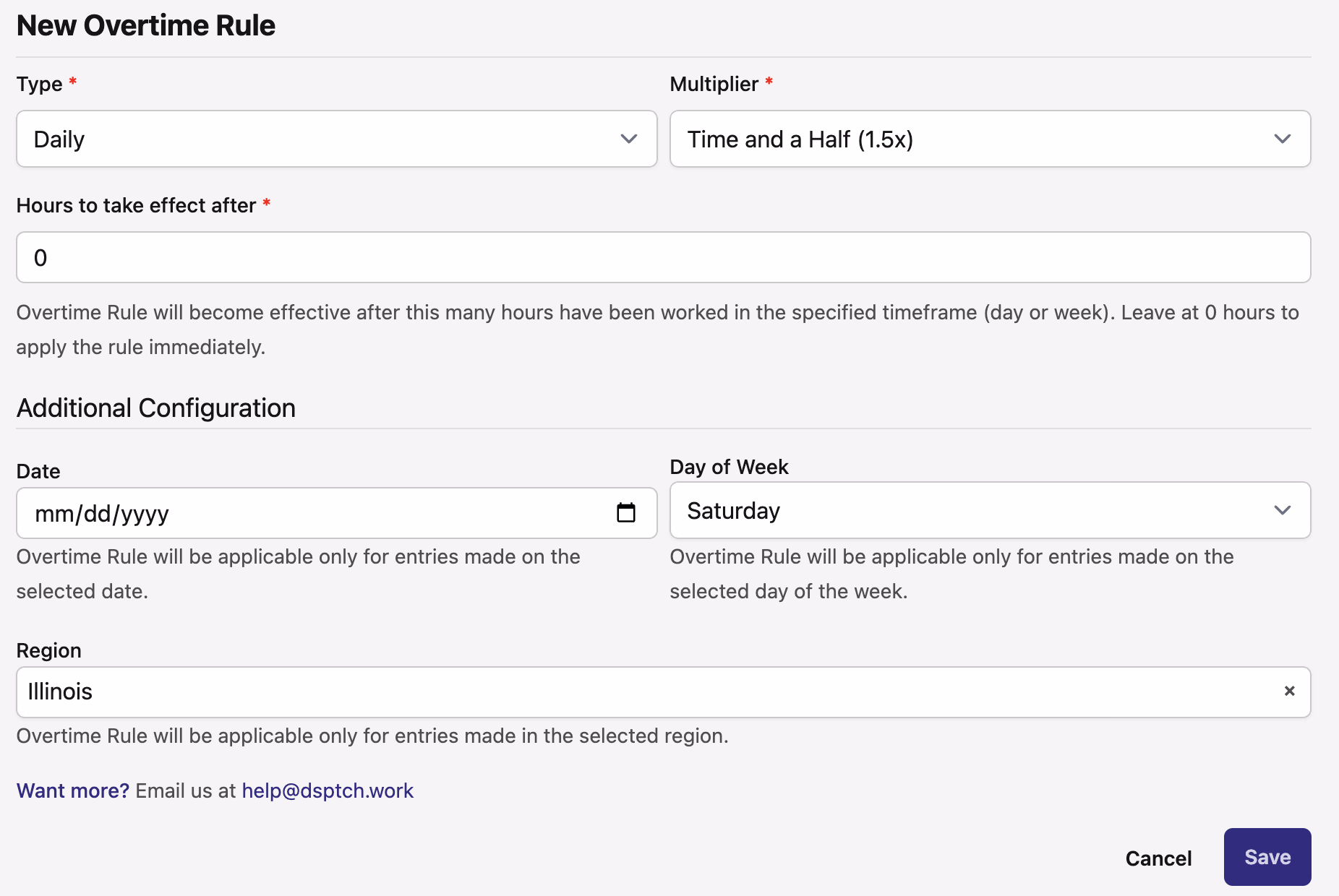 New Overtime Rule form filled out with Daily type, Time and a Half multiplier, Saturday day of week, and Illinois region