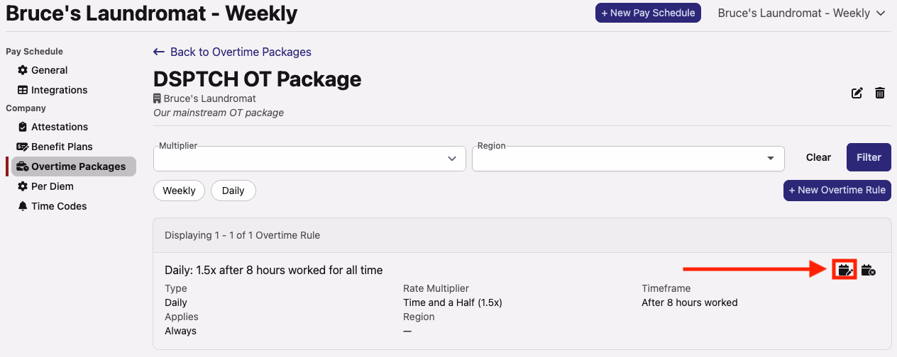Overtime Package detail page showing the calendar-pencil icon highlighted by a red arrow to schedule a change to an overtime rule