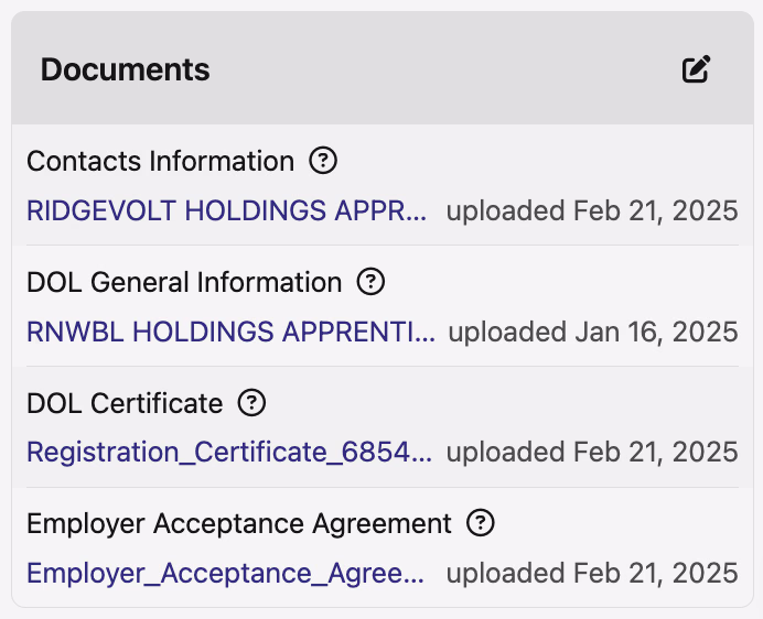 Documents dashboard listing uploaded apprenticeship program documents