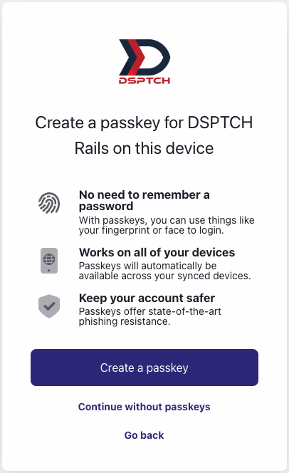 Create a passkey for DSPTCH page with the option to continue without passkeys