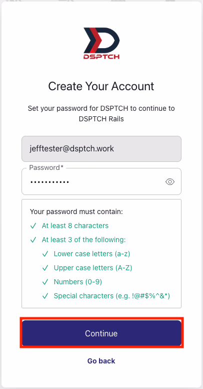 Create Your Account password setup page with the requirements checklist and Continue button highlighted in red