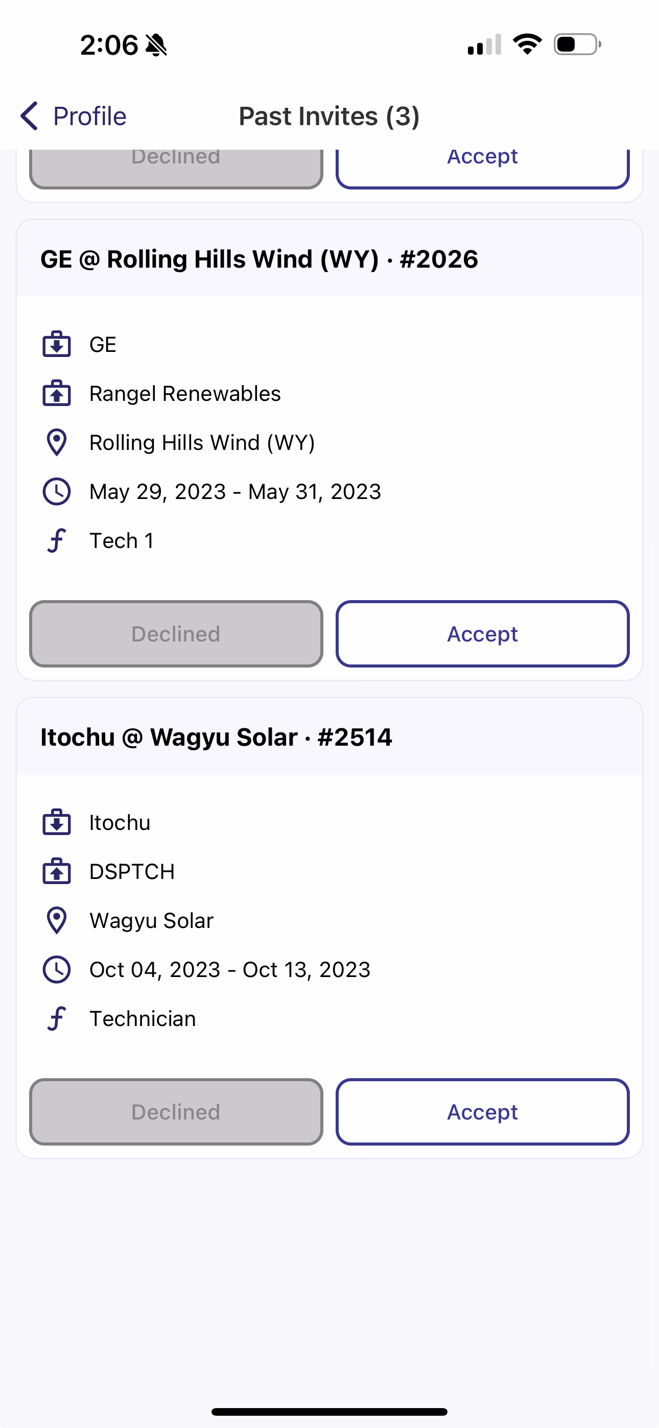Past Invites list with Declined and Accept buttons available for each previously declined invitation