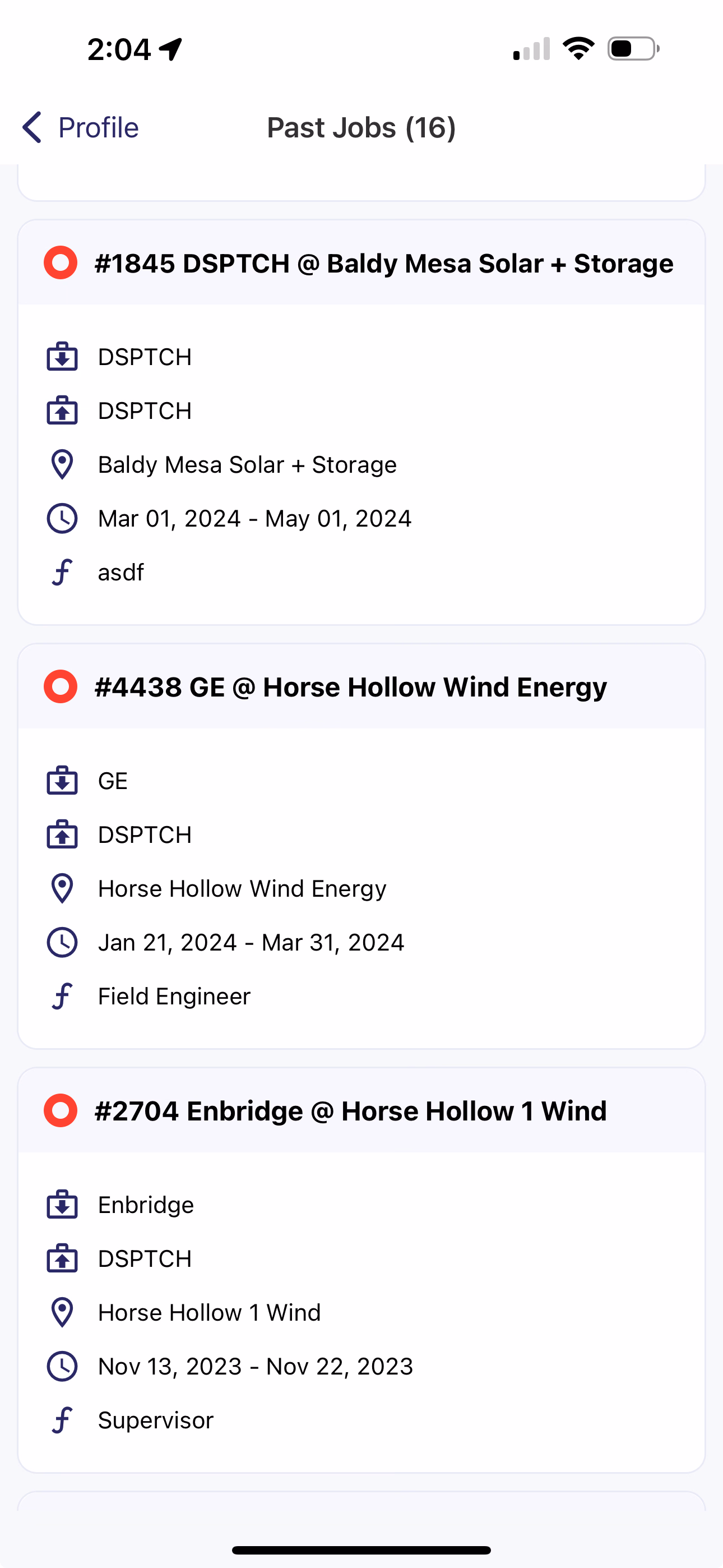 Past Jobs list showing completed and cancelled jobs in reverse chronological order