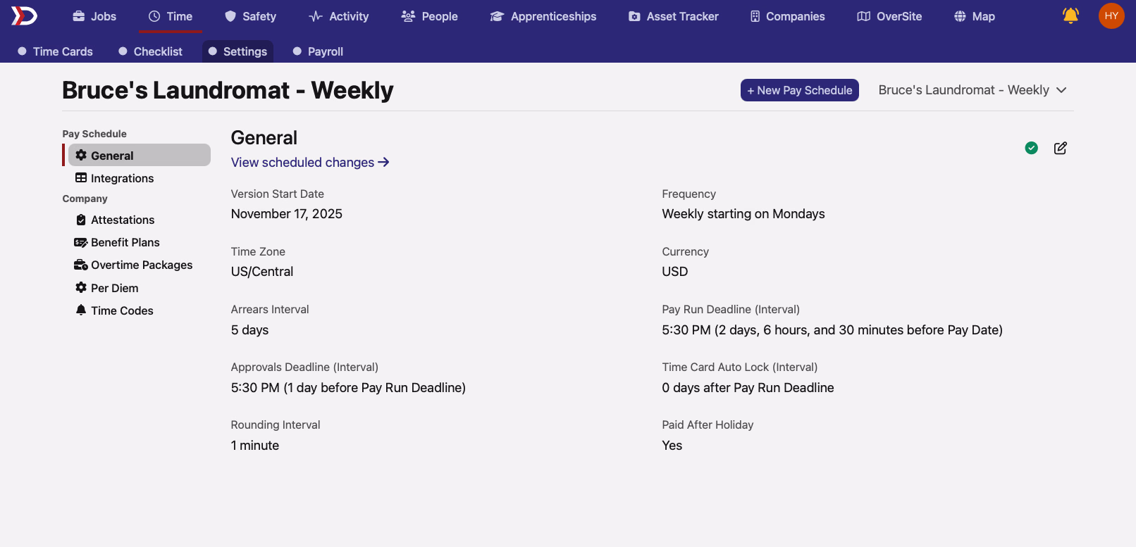 Saved pay schedule General settings page showing frequency, timezone, and interval configuration
