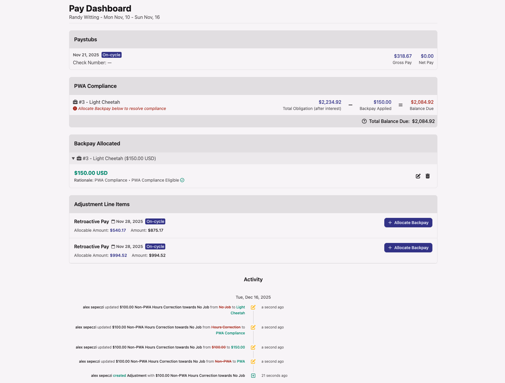 Pay Dashboard Adjustments