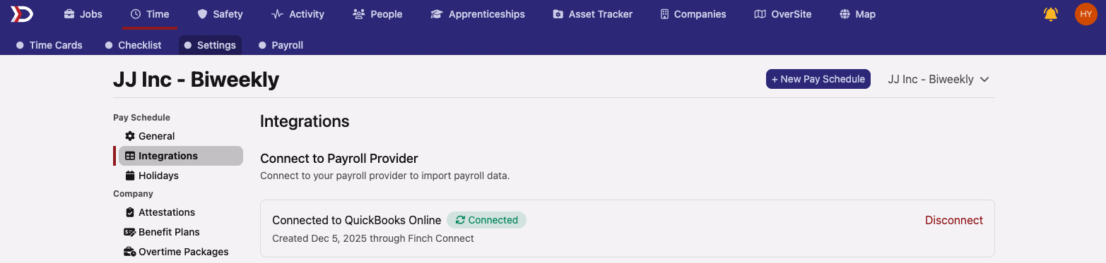 Payroll integrations page showing Connected to QuickBooks Online status via Finch