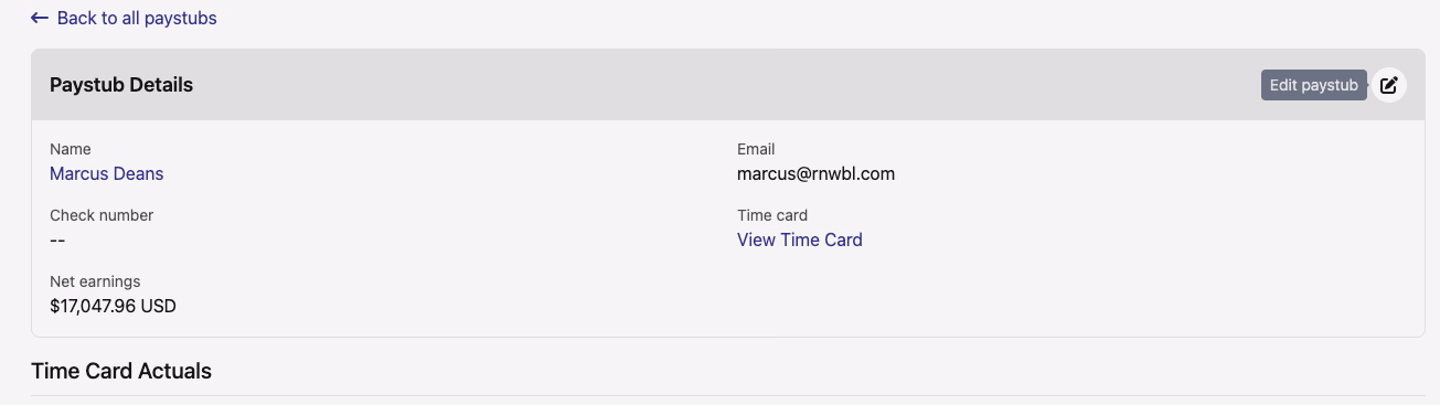 Paystub Details page header showing the Edit paystub button in the top-right corner, with Check number listed as a field in the paystub detail card