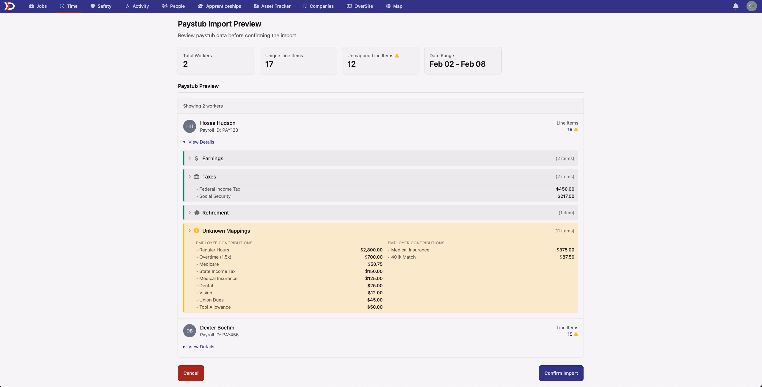 Paystub Import Preview Interface