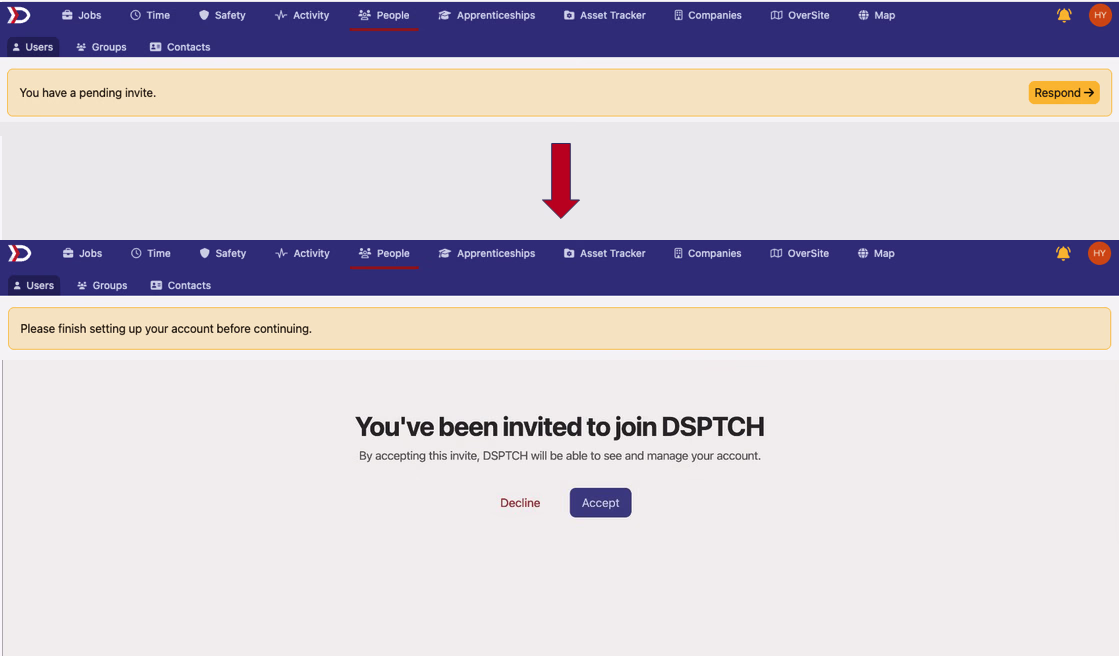 Yellow pending invite banner appearing after sign-up with the resulting Respond to Invite page below