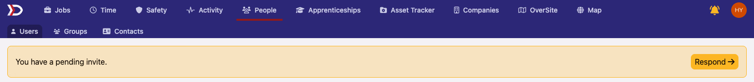 Yellow pending invite banner with Respond button at the top of the People page