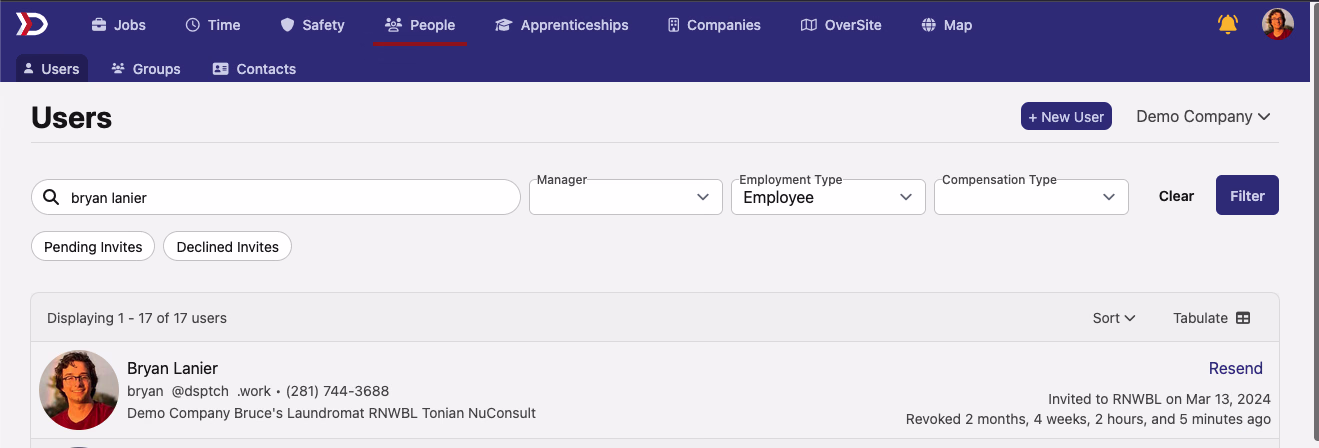 People page with a search for Bryan Lanier showing user results