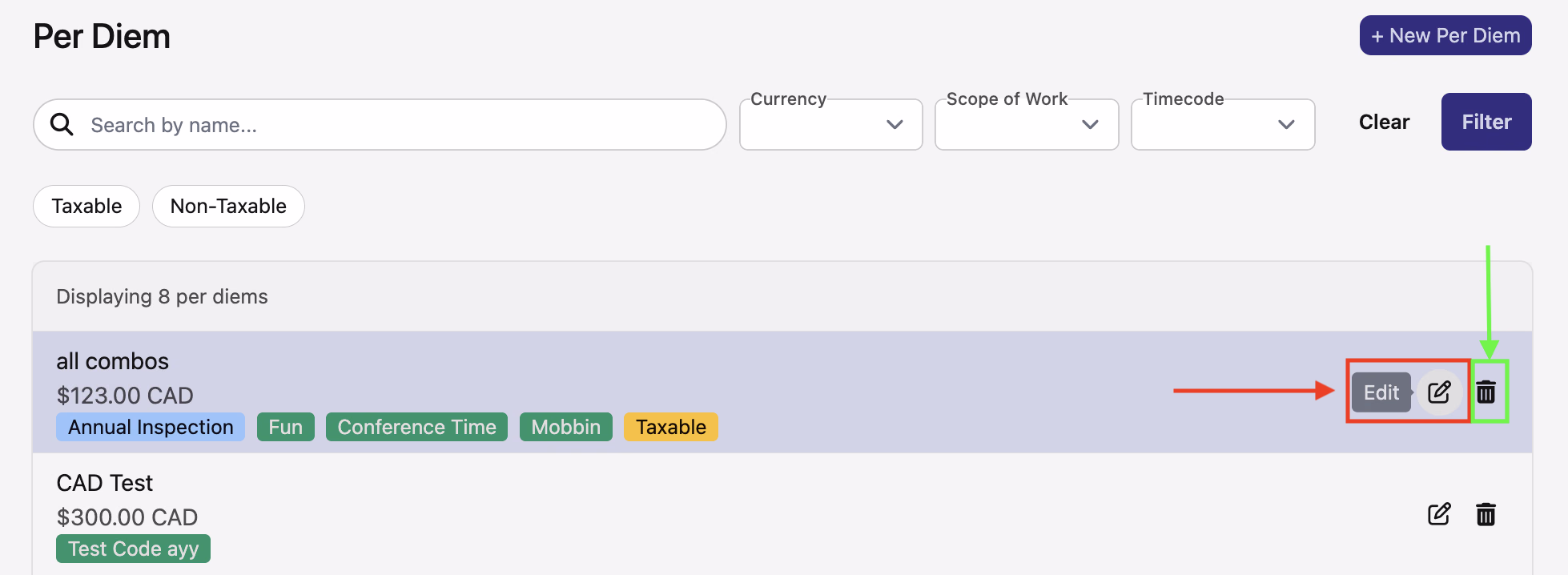 Per Diem list with pencil edit icon highlighted in red and trash delete icon highlighted in green