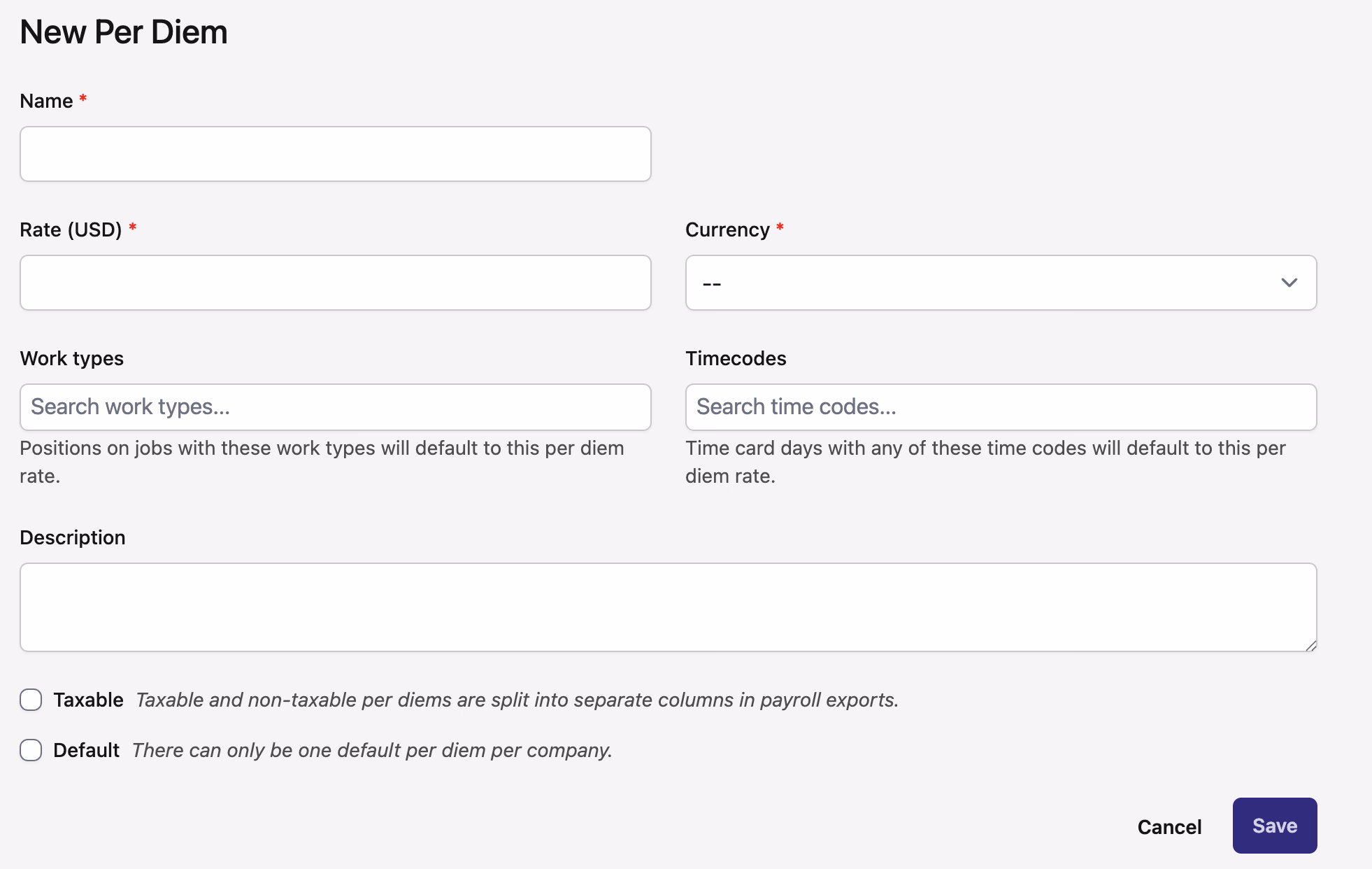 New Per Diem form showing Name, Rate, Currency, Work types, Timecodes, Description, Taxable, and Default fields