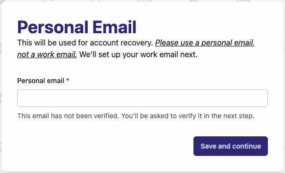 Personal Email entry page used for account recovery