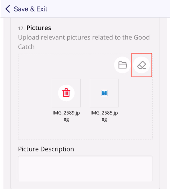 Photo upload field with eraser icon highlighted in top right to clear all photos, and trash icon visible on first photo thumbnail