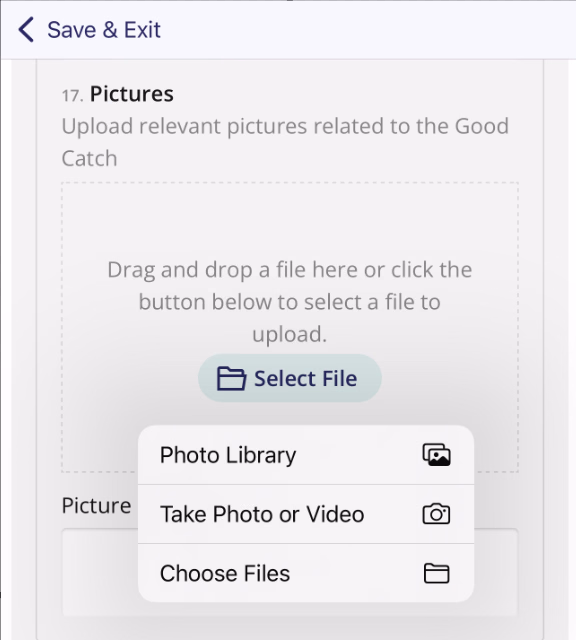 Photo upload field showing source options: Photo Library, Take Photo or Video, Choose Files