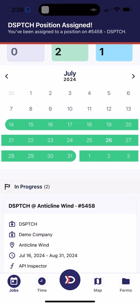 In-app DSPTCH Position Assigned notification with the Jobs calendar showing the assignment dates highlighted