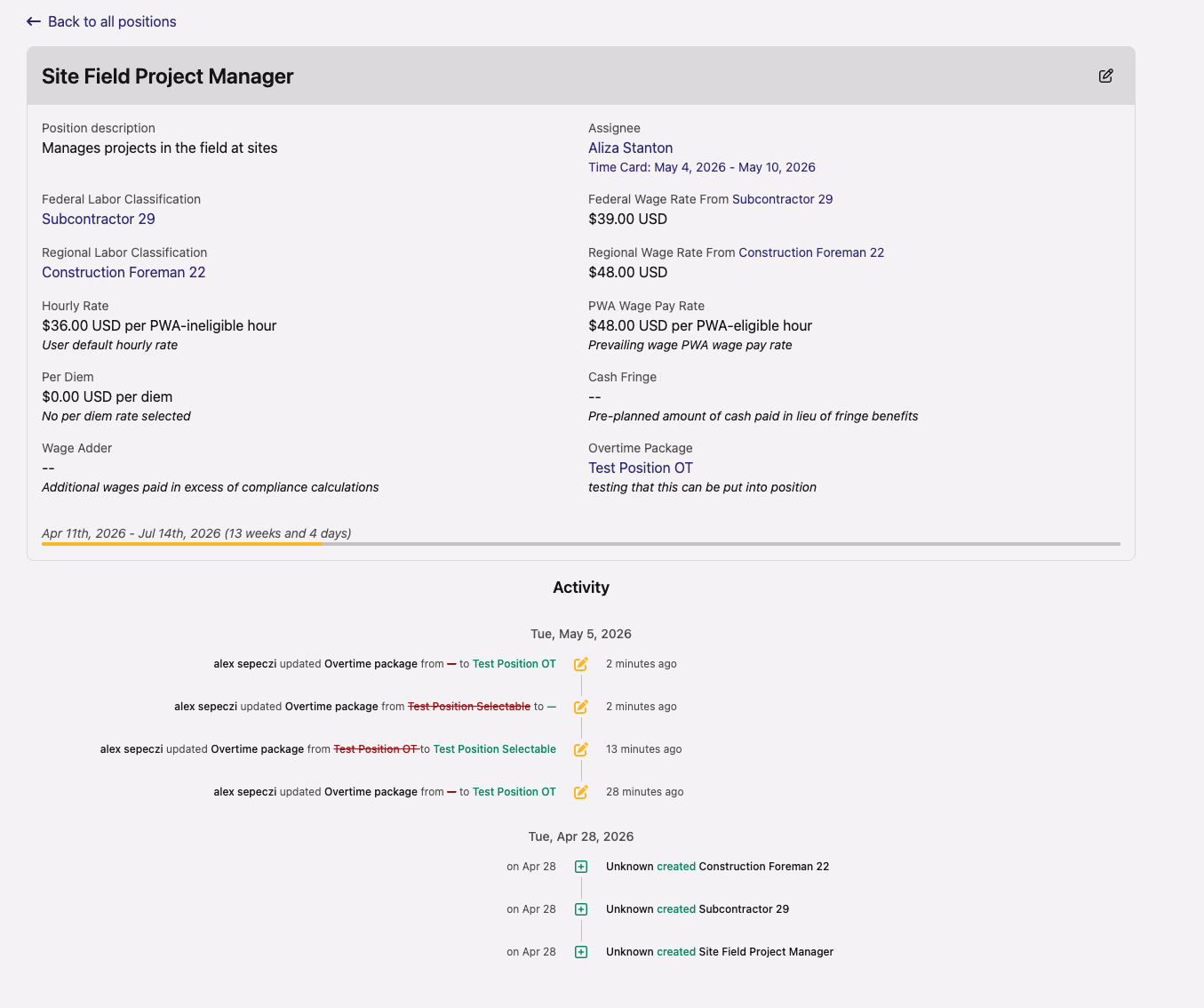 Position detail page showing recent Overtime Package changes in the Activity timeline