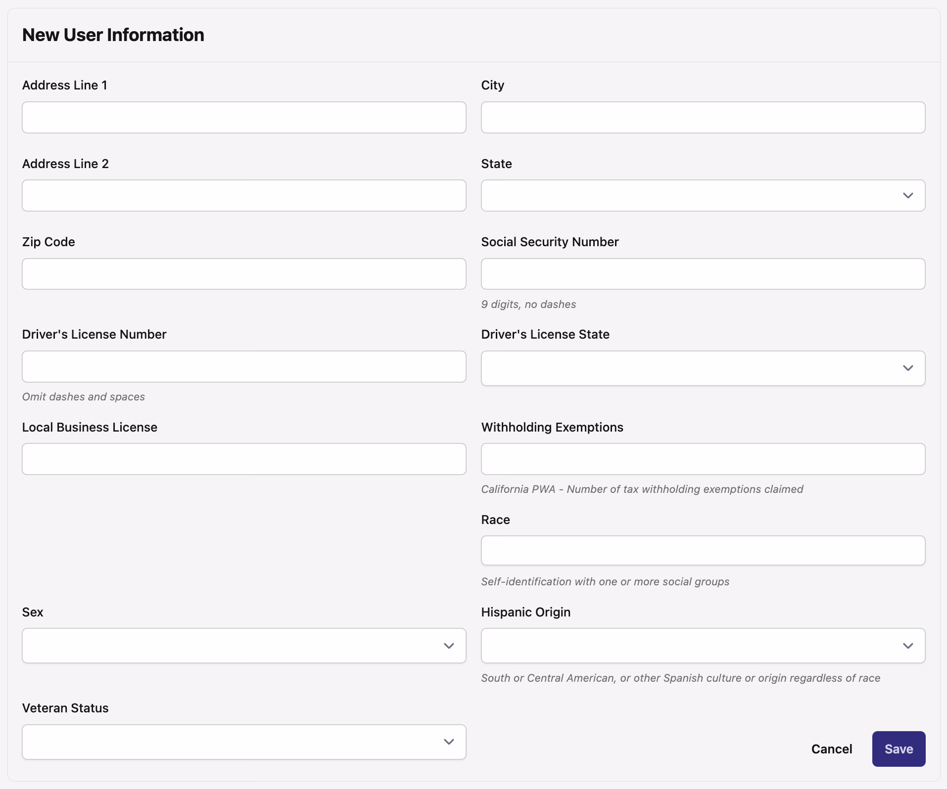 New User Information form for prevailing wage including withholding exemptions and demographic fields