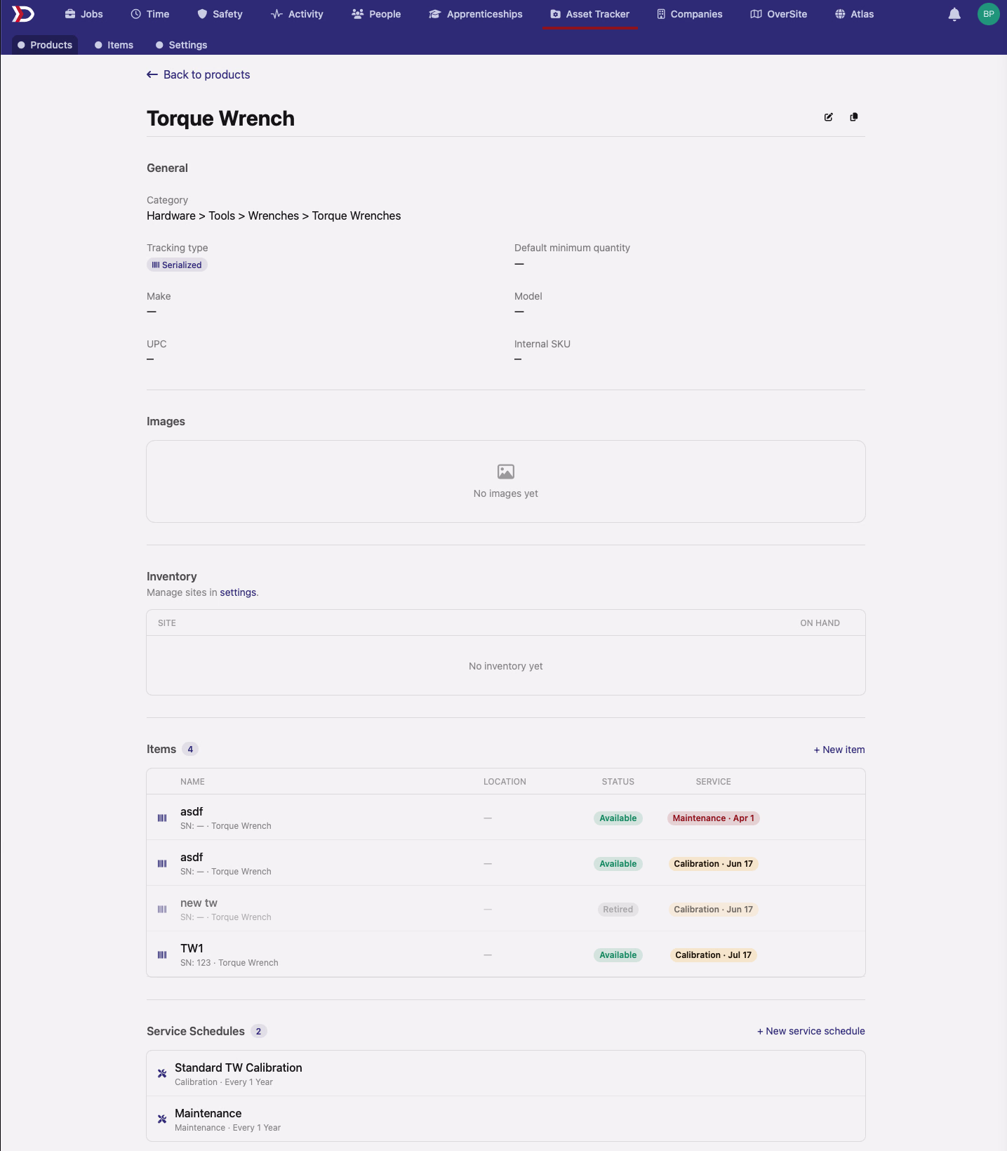 A product page listing its items with a next-service column, and the product's default Service Schedules below
