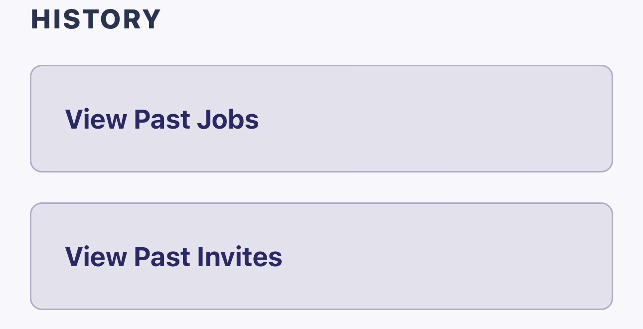 Profile History section with View Past Jobs and View Past Invites buttons