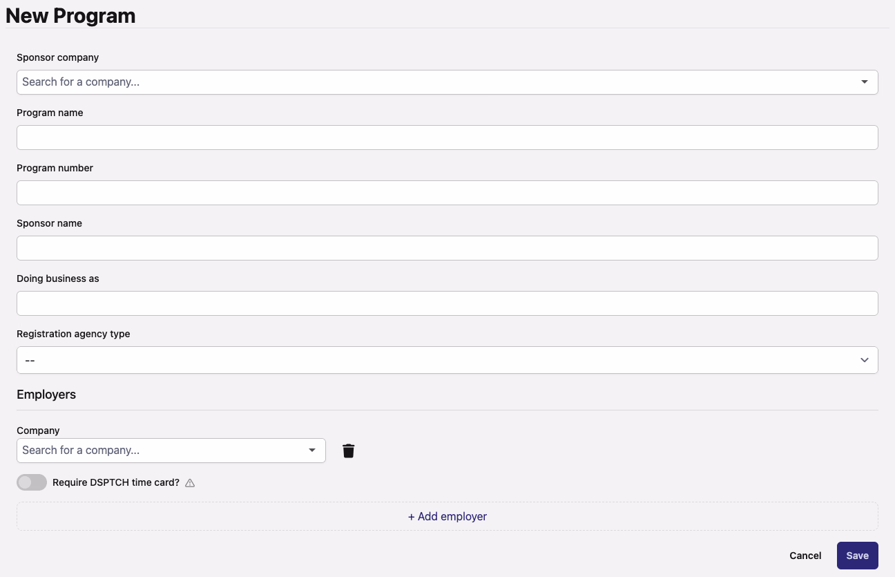 New Program form with fields for sponsor company, program name, number, sponsor name, and employer