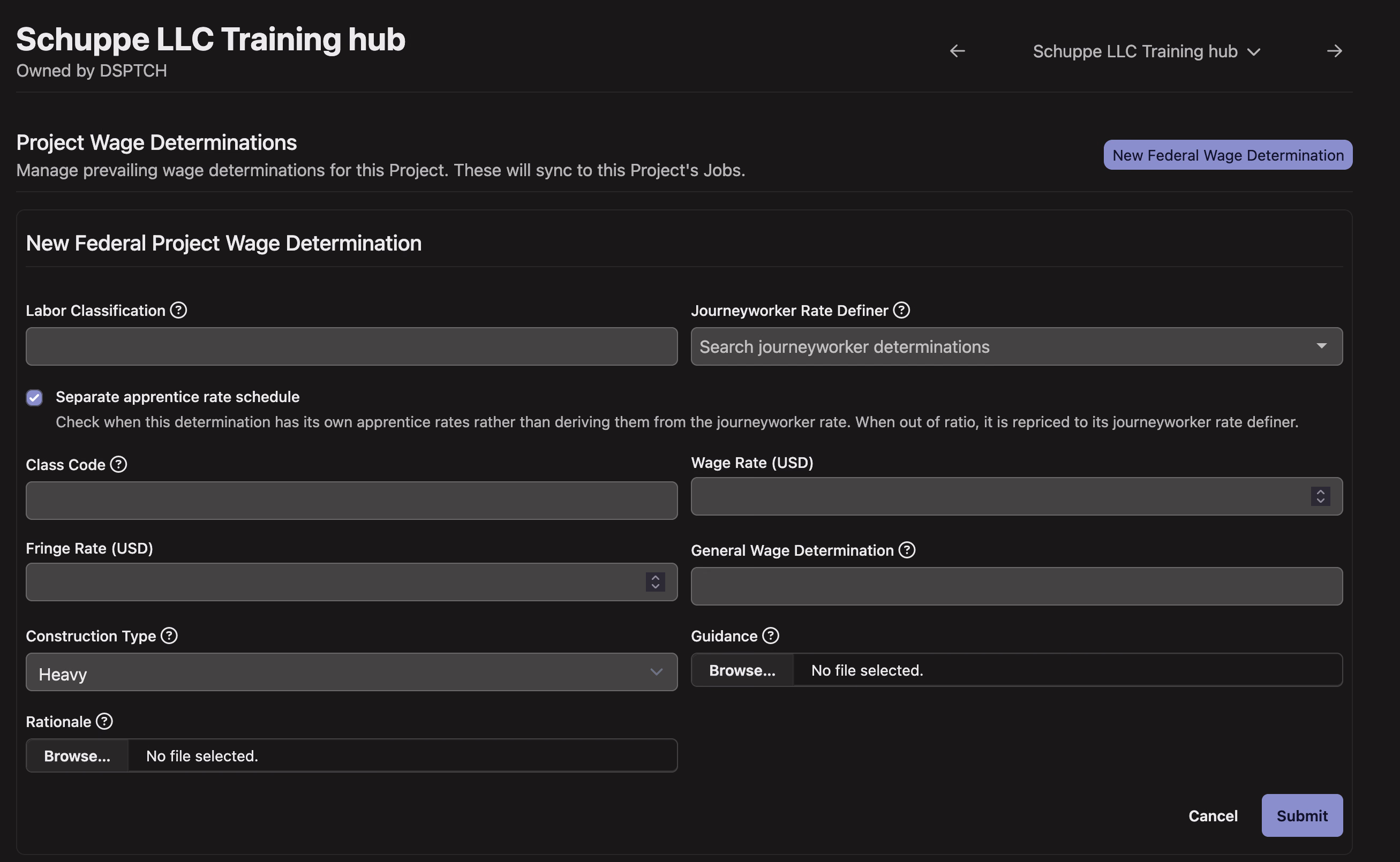 The New Federal Project Wage Determination form with "Separate apprentice rate schedule" checked and a Journeyworker rate definer picker in place of the trade selector