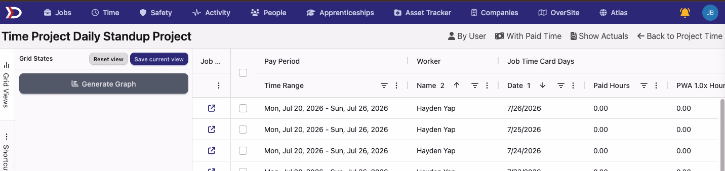 Project Time shown in a spreadsheet-style grid with worker, job, pay-period, date, paid-hours, and prevailing-wage columns