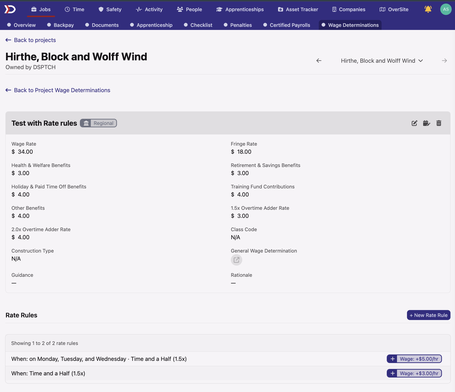 Project wage determination detail page showing rate information and a Rate Rules section with two rules and their wage adjustments