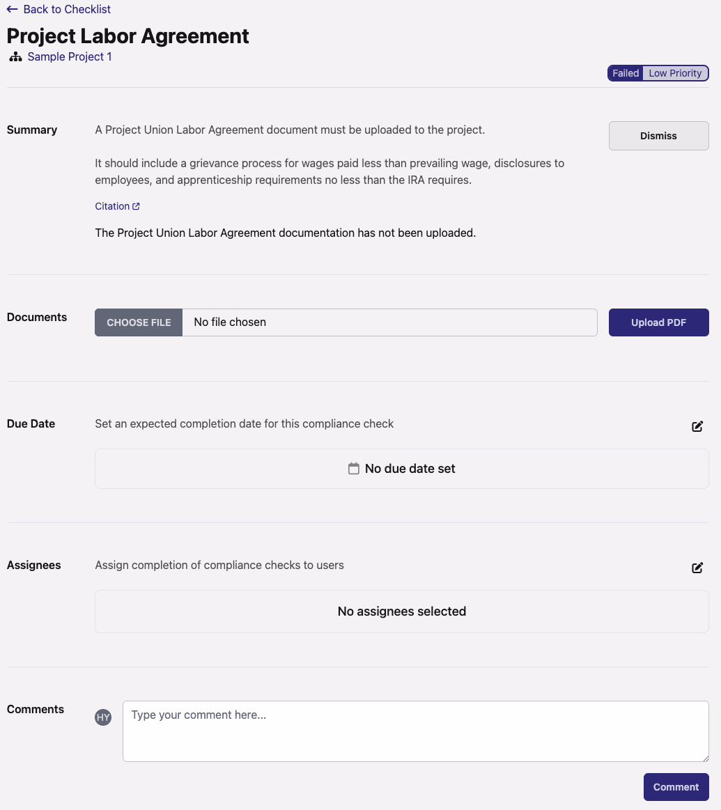 Open compliance check detail page showing Summary, Documents, Due Date, Assignees, Comments, and Activity sections