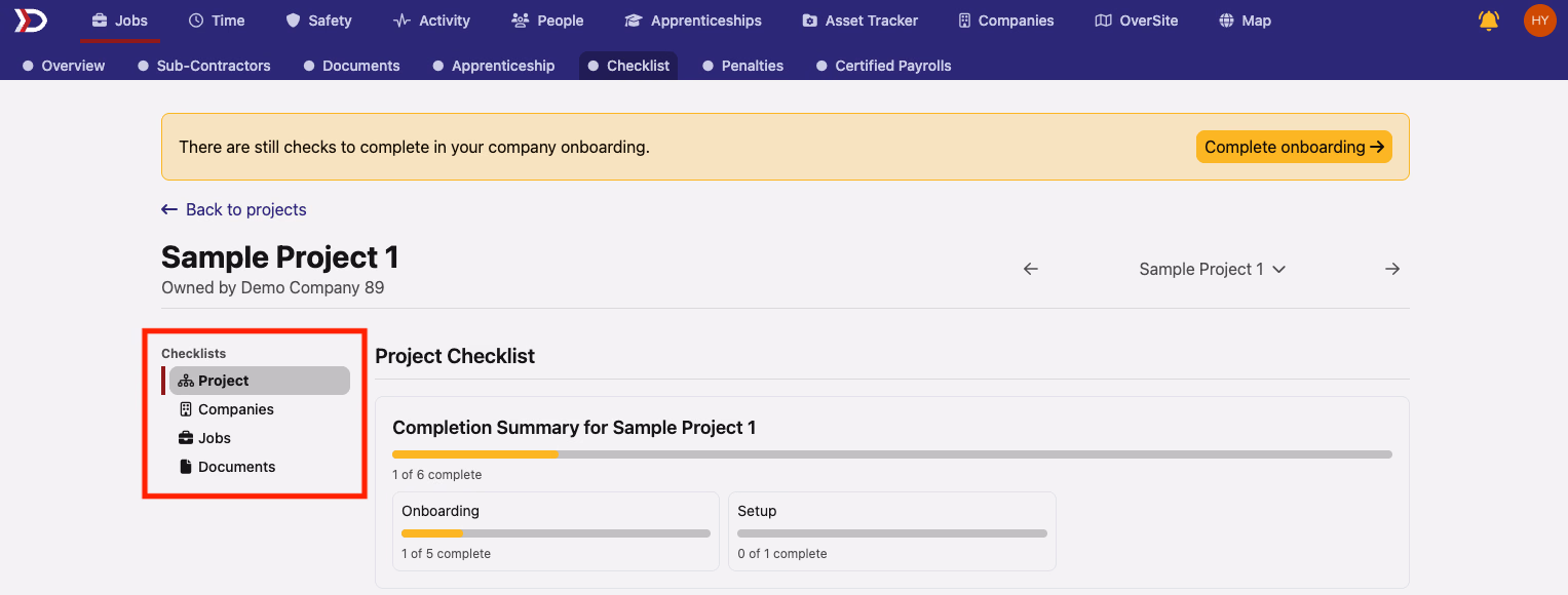 Project checklist left sidebar showing Project, Companies, Jobs, and Documents navigation tabs highlighted