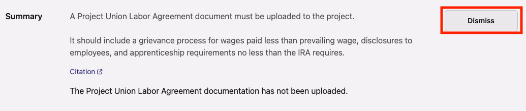 Compliance check Summary section with Dismiss button highlighted
