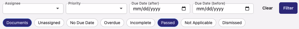 Compliance checklist filters with Documents and Passed toggles active