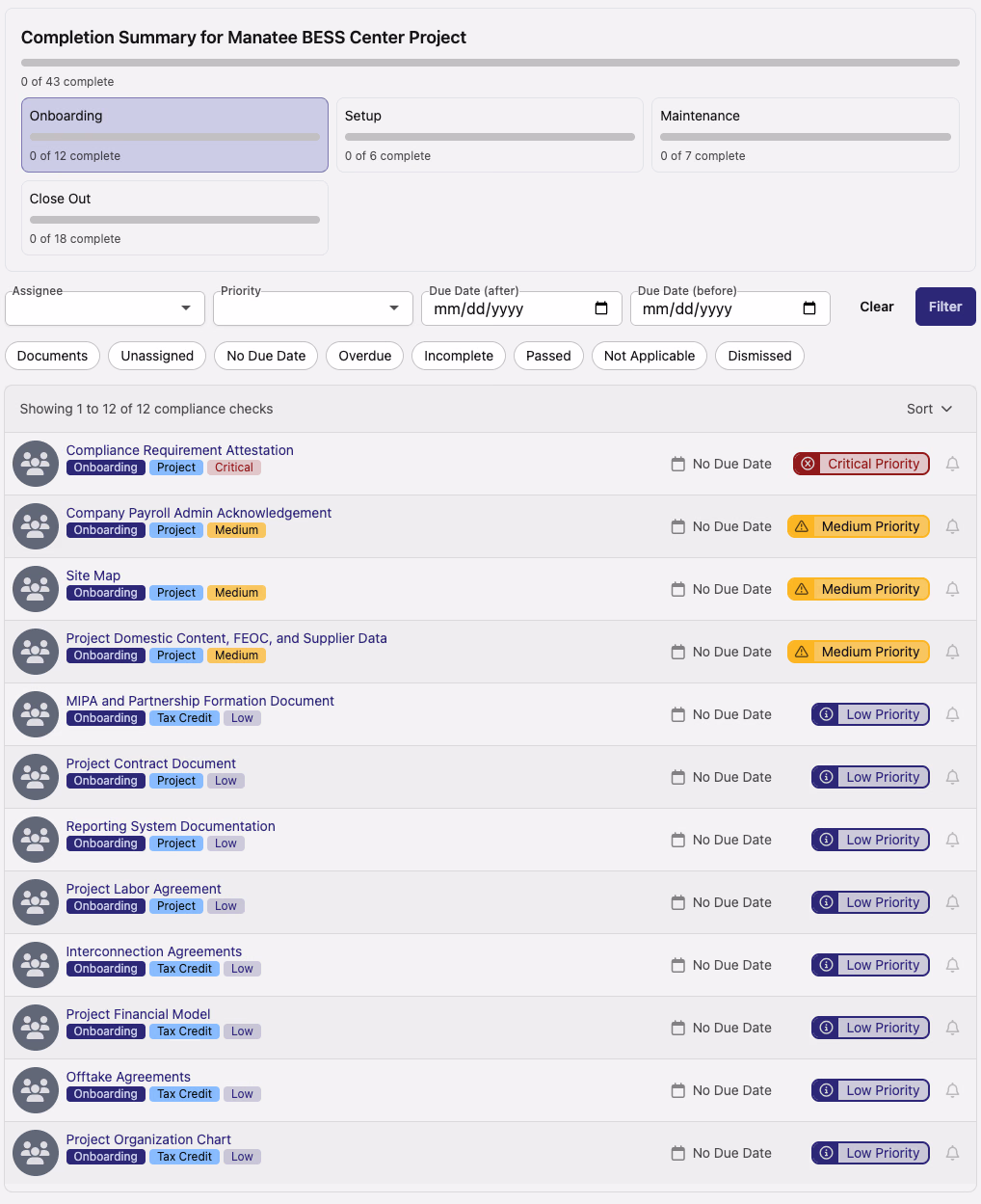 Onboarding compliance category list showing checks with priority badges