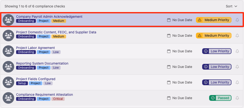 Compliance checklist with a check row highlighted to open it