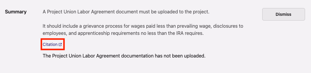 Compliance check Summary section with Citation link highlighted