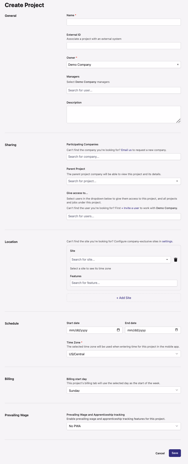 Create Project form with fields for name, owner, participating companies, schedule, and PWA tracking