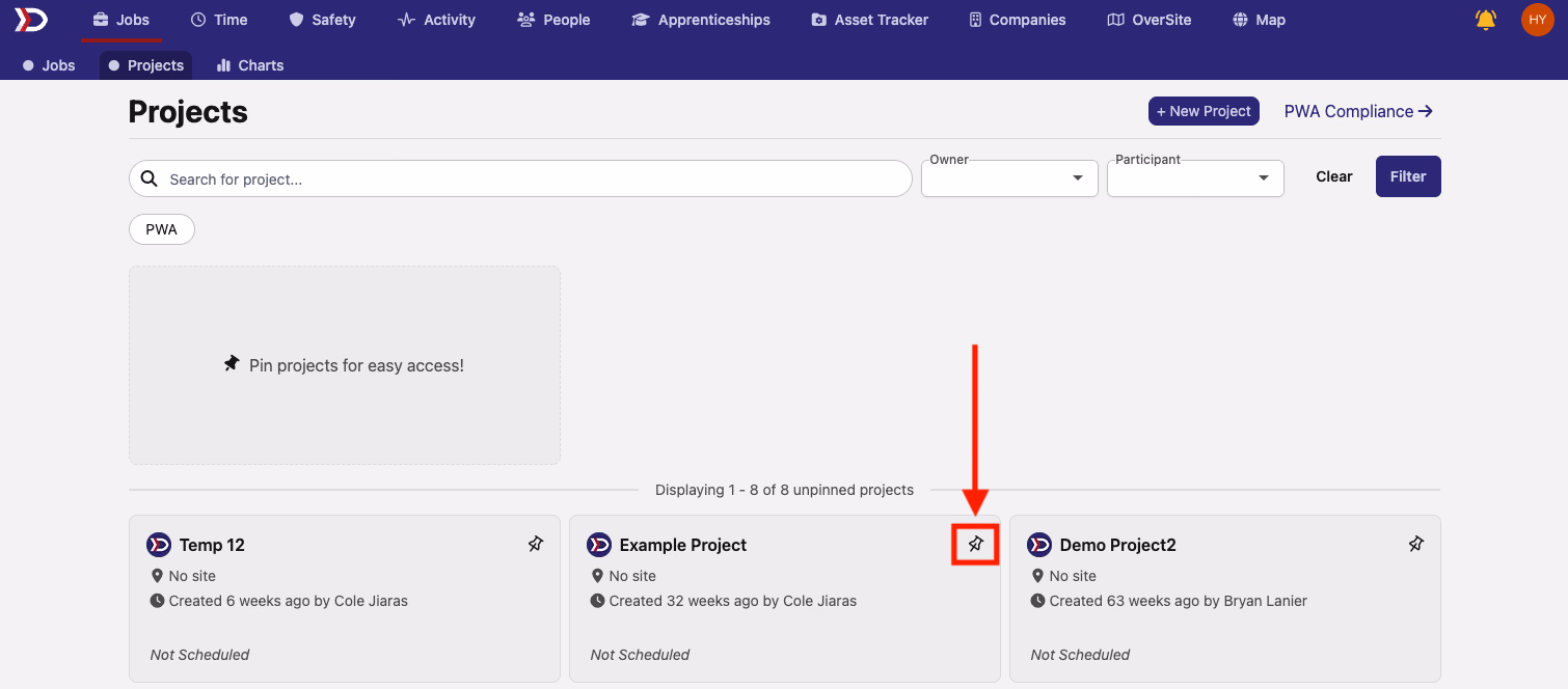 Projects list with pin icon highlighted on a project card