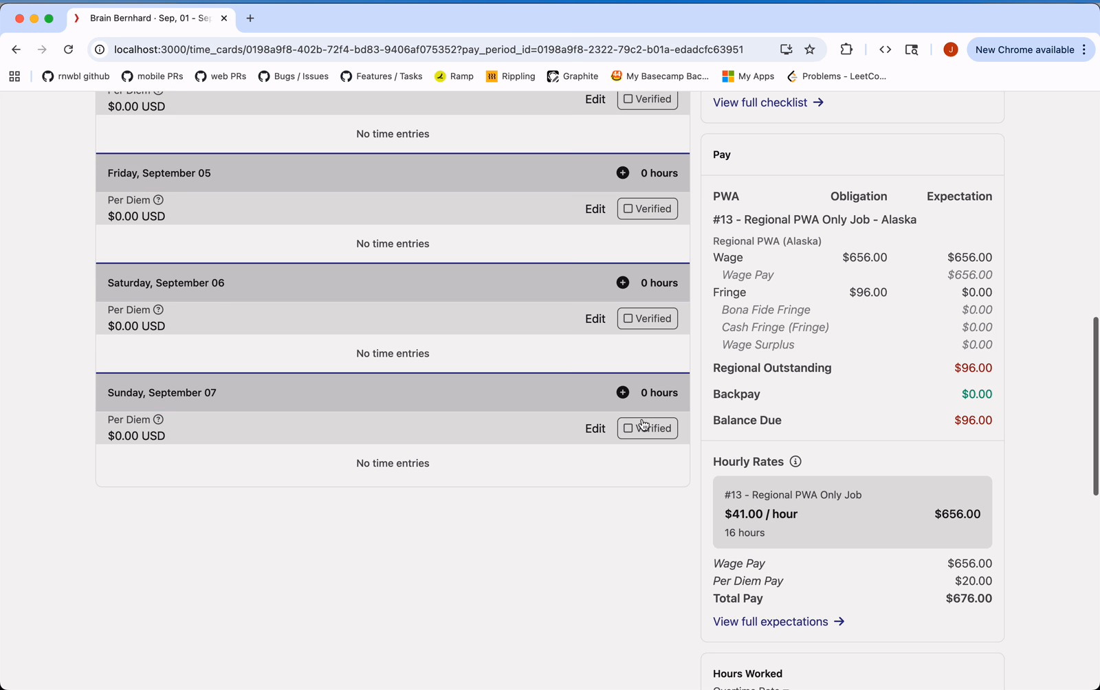 Time card Pay panel showing the Regional PWA section for a regional-only job, with Obligation and Expectation columns, a Regional Outstanding row highlighted in red, and a Balance Due at the bottom