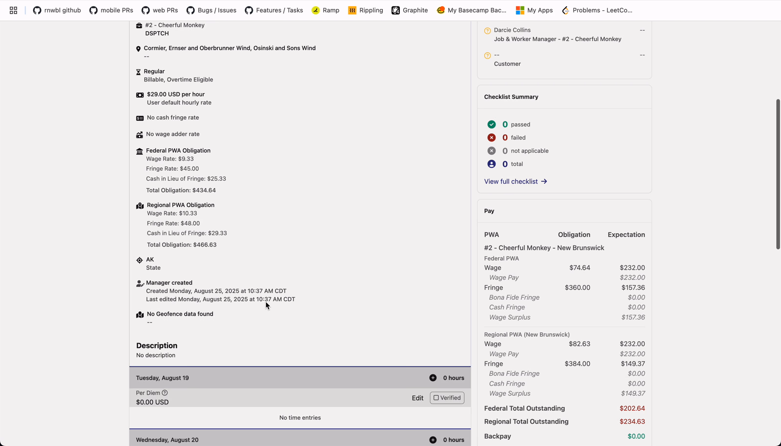 Time entry for Andre Doyle on a job showing Federal PWA Obligation with Wage Rate $9.33, Fringe Rate $45.00, Cash in Lieu of Fringe $25.33, Total Obligation $434.64 — and Regional PWA Obligation below it with Wage Rate $10.33, Fringe Rate $48.00, Cash in Lieu of Fringe $29.33, Total Obligation $466.63