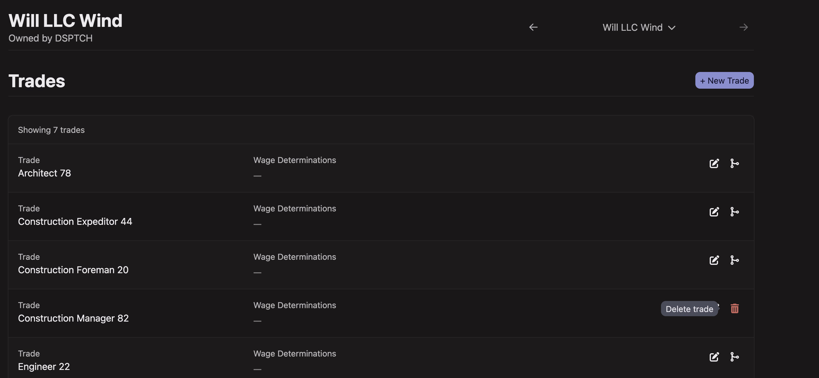 The Trades tab listing craft groupings — Architect, Construction Expeditor, Construction Foreman, Construction Manager, Engineer — with a Delete trade button on an empty row
