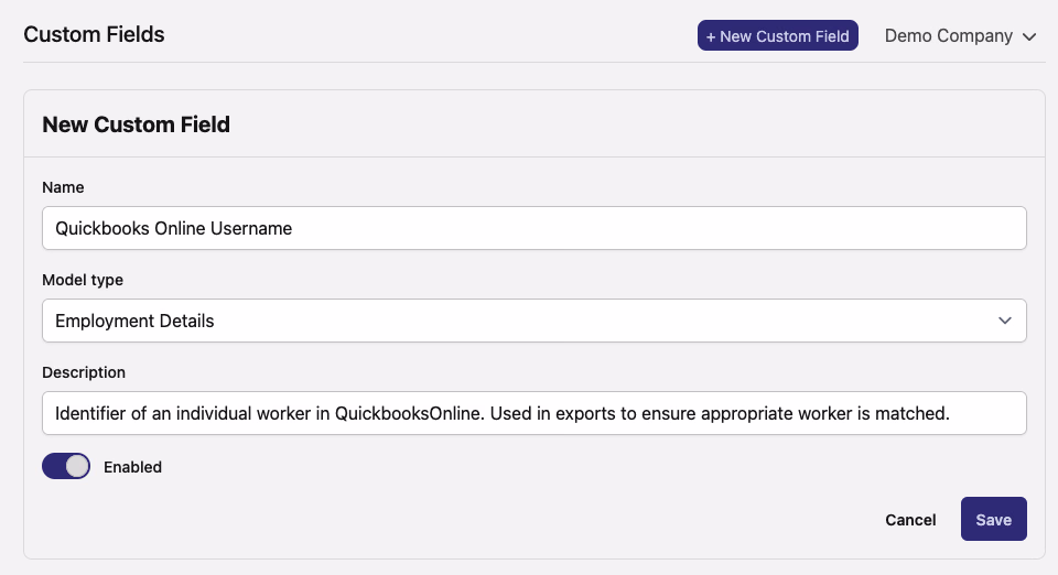 New Custom Field form showing Quickbooks Online Username with Employment Details model type