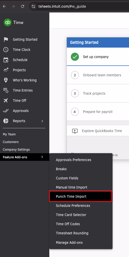 Tsheets Feature Add-ons menu with Punch Time Import option highlighted in a red box