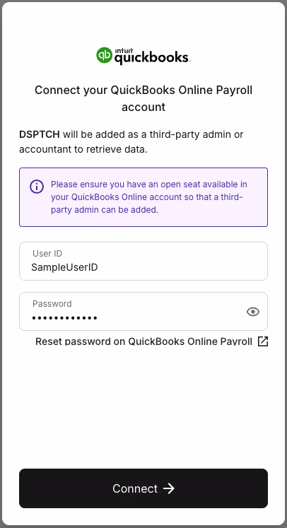 QuickBooks Online Payroll provider login screen with User ID and Password fields