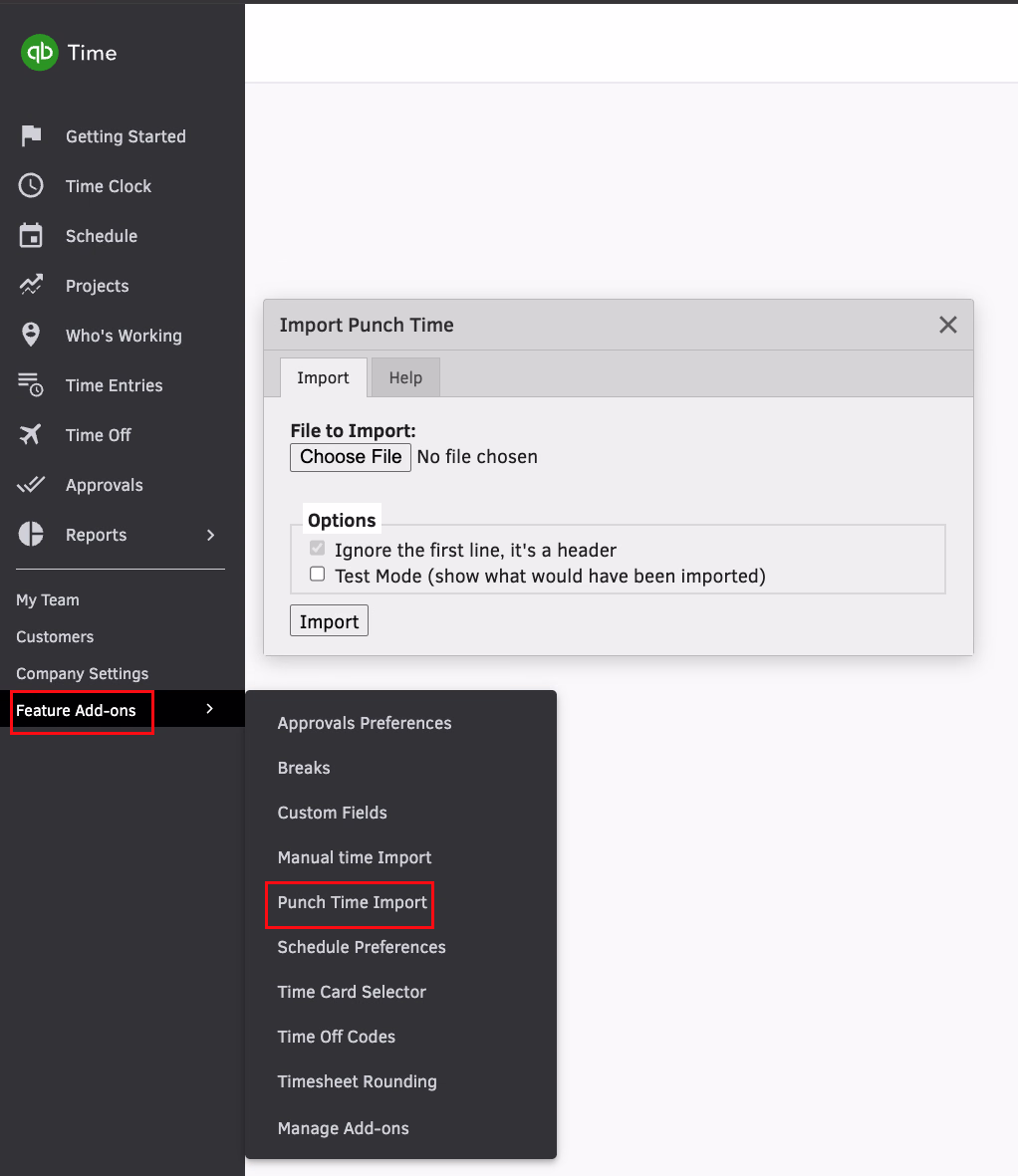 Tsheets Feature Add-ons showing Punch Time Import option highlighted in red with the Import Punch Time dialog open