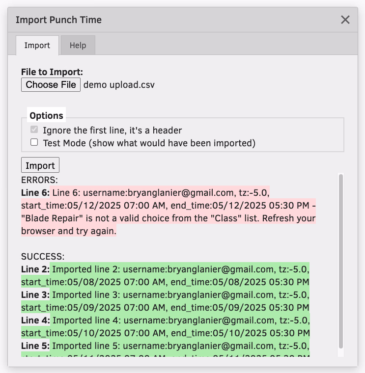 Import Punch Time dialog showing error and success results after uploading the DSPTCH time entries CSV