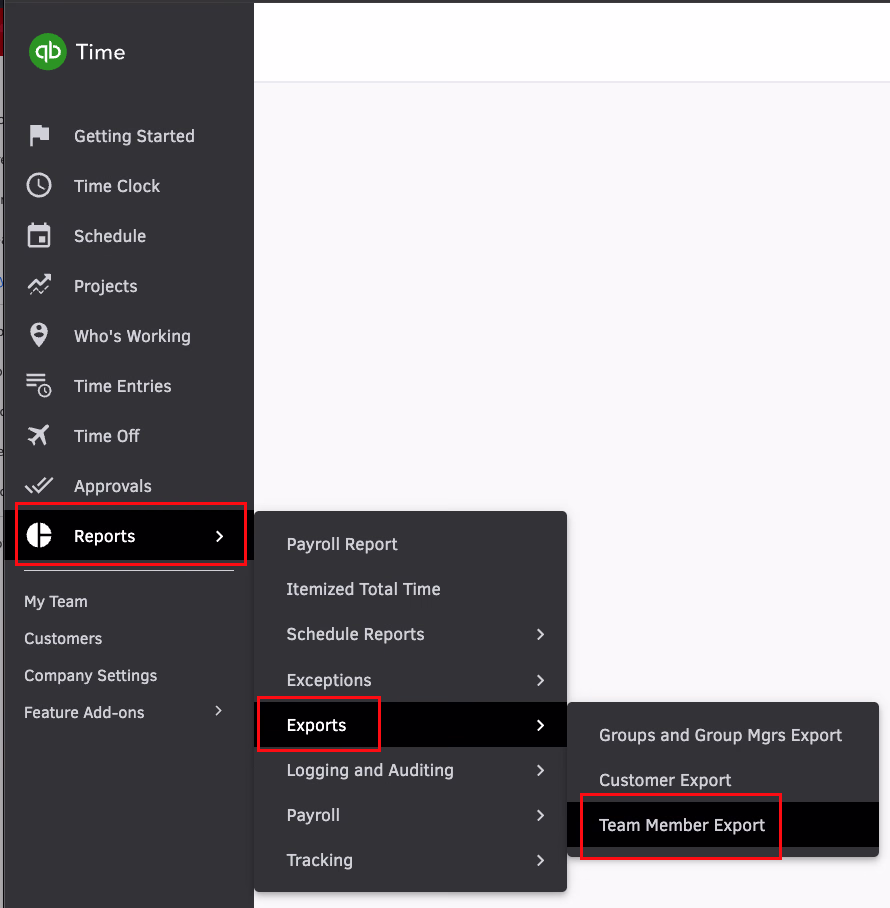 Tsheets Reports menu expanded showing Exports submenu with Team Member Export highlighted in a red box