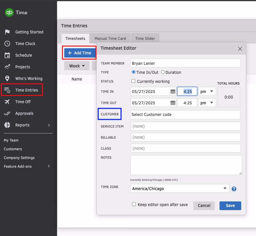 Tsheets Timesheet Editor showing the Customer field highlighted in a blue box for jobcode mapping