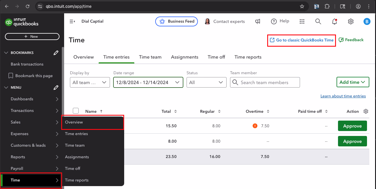 QuickBooks Time overview page showing the Time tab with Go to classic QuickBooks Time button highlighted in a red box